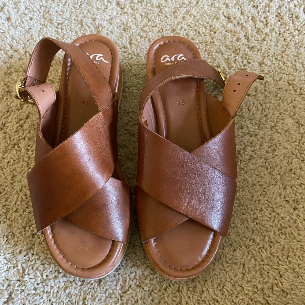 Ara Brown Leather Crossover Platform Sandals